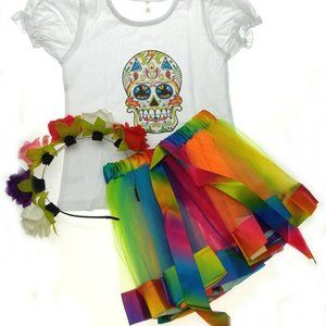 Sugar Skull T Shirt Tutu Skirt Flower Headband XS Halloween Costume Day of Dead